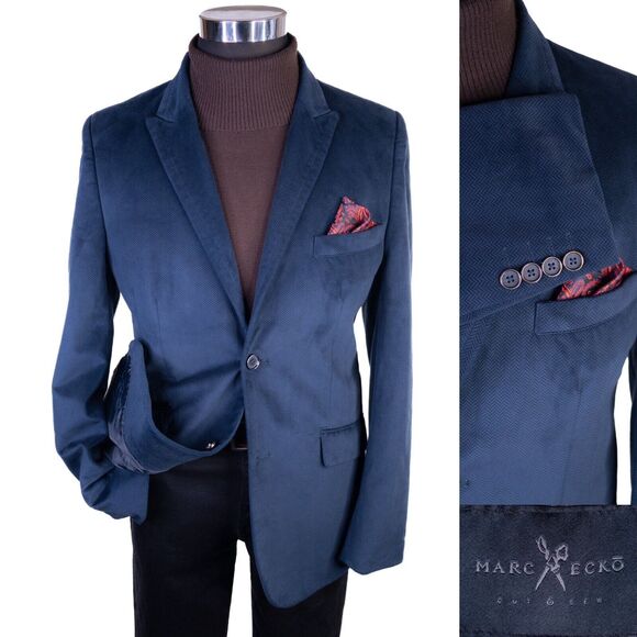 Marc Ecko Blue Velvet Herringbone Blue Sport Coat Sz L (42) Jacket Blazer 2-Bttn - Picture 1 of 12